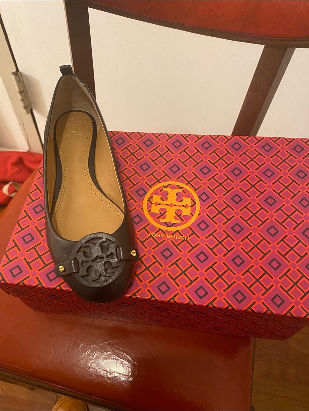 Tory Burch Black Leather Logo Ballet Flat